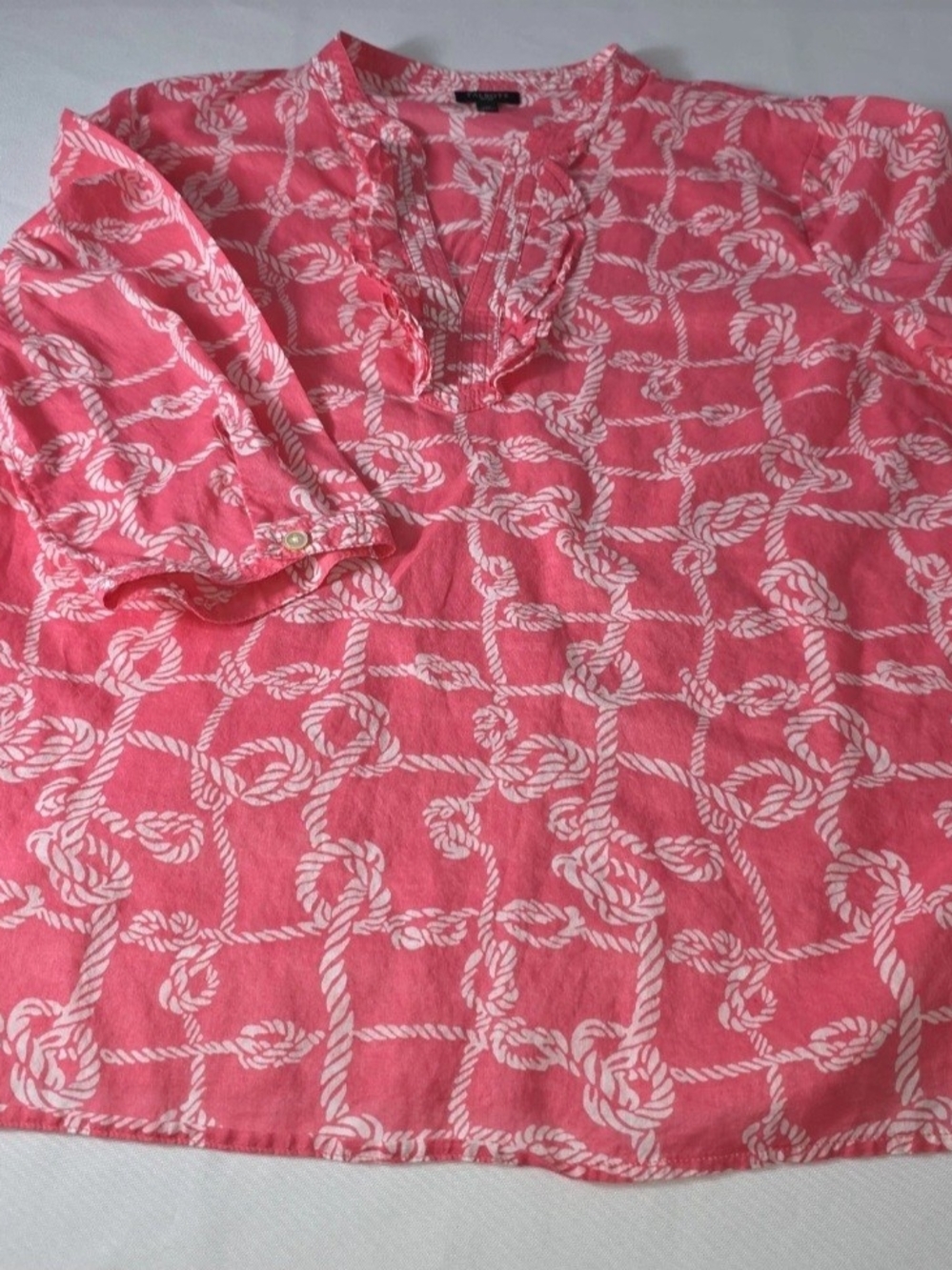 Talbots Coral and White Rope-Print Button Down Shirt 3/4 Dleeve PM